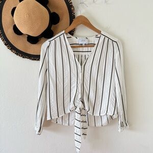 J.O.A. White Stripe Long Sleeve Tie Front Blouse Top Size Small